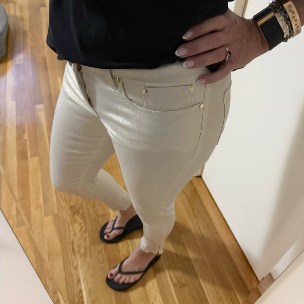 C. Wonder Skinny Crop Jeans in Pearl Gold | Metallic Coated Ankle Pants